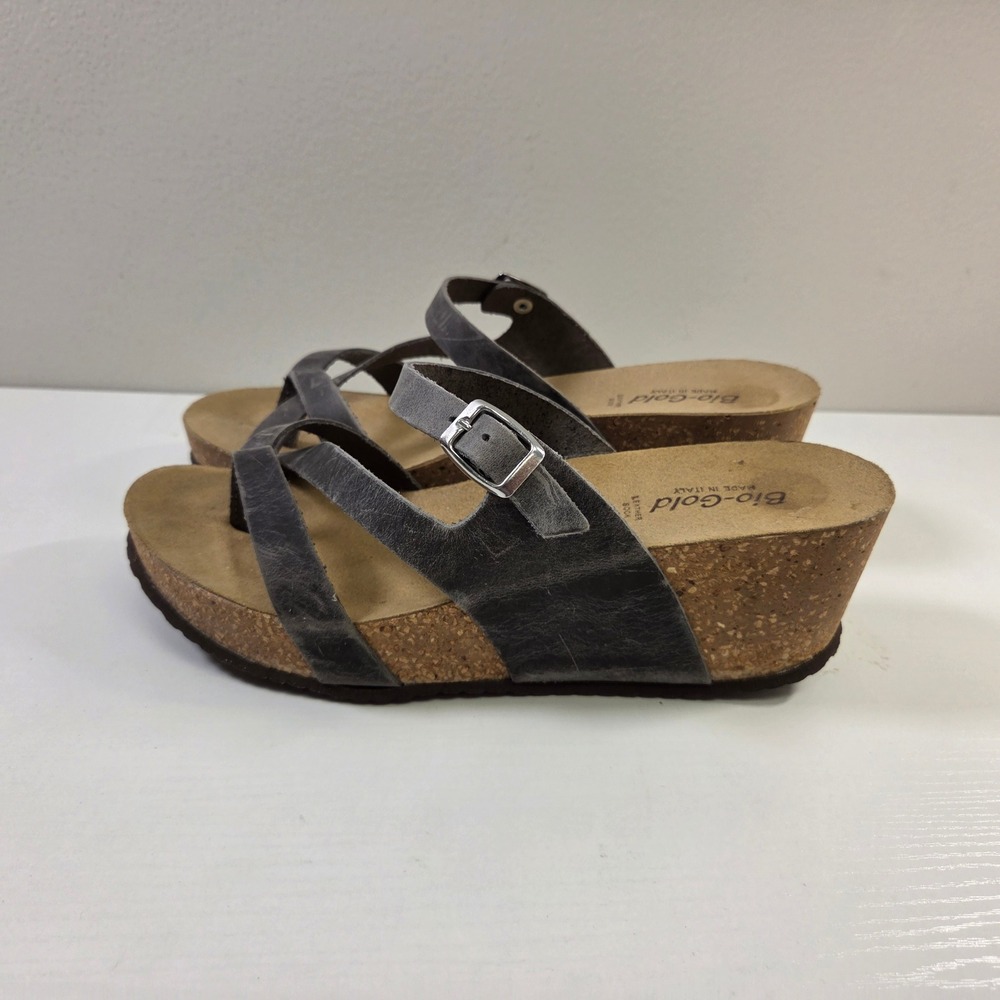 Bio-Gold Italy Womens Grey Leather Cork Wedge Platform Sandals Strappy Buckle 39